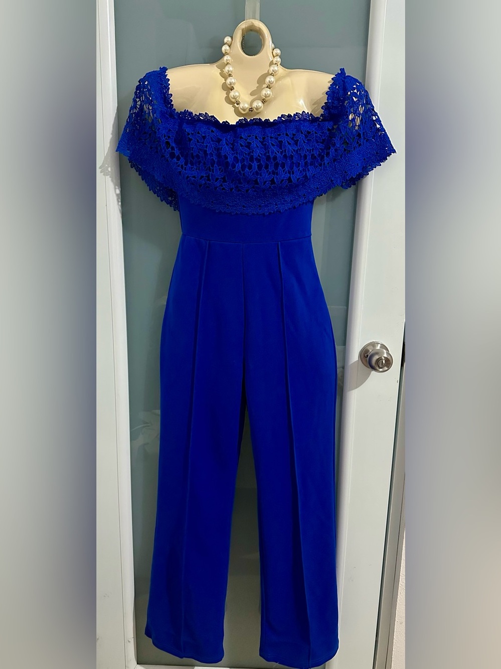 Off-Shoulder Lace Bodice Wide-Leg Jumpsuit - Royal Blue